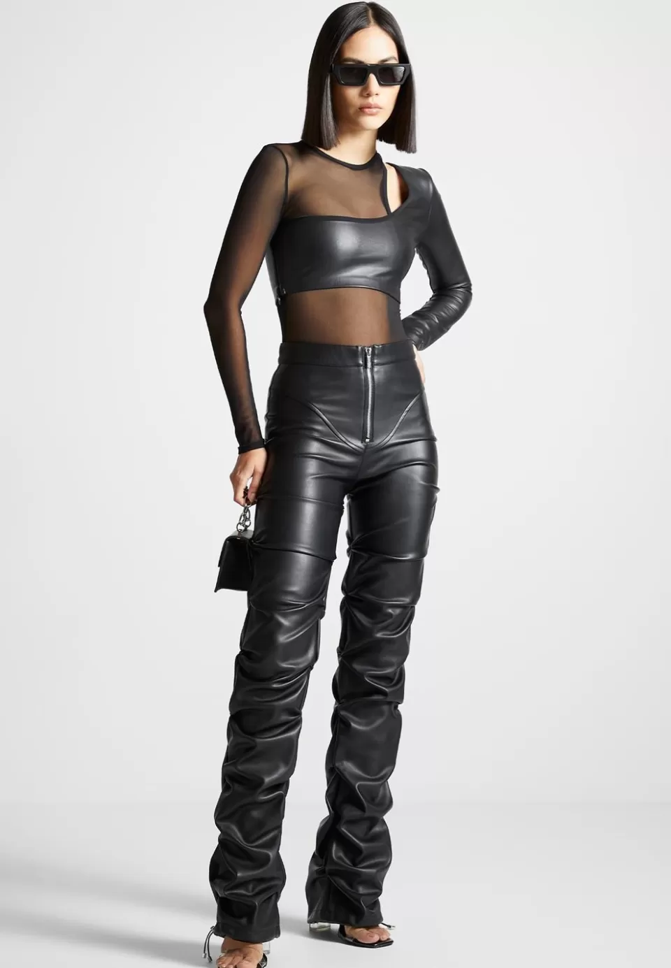Manière De Voir Vegan Leather Overlay Mesh Bodysuit>Woman Bodysuits
