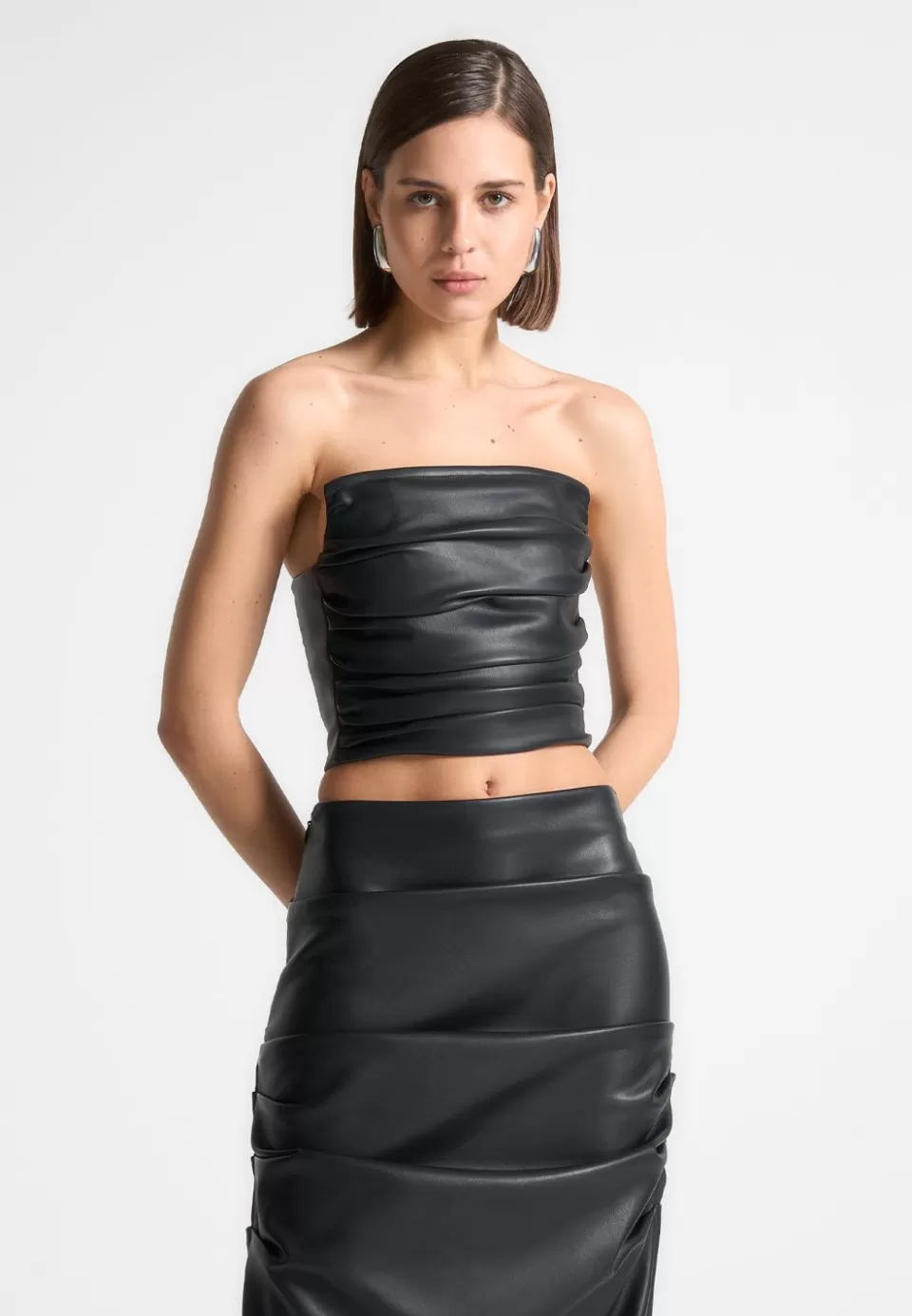 Manière De Voir Vegan Leather Pleated Bandeau Corset Top>Woman Tops & T Shirts