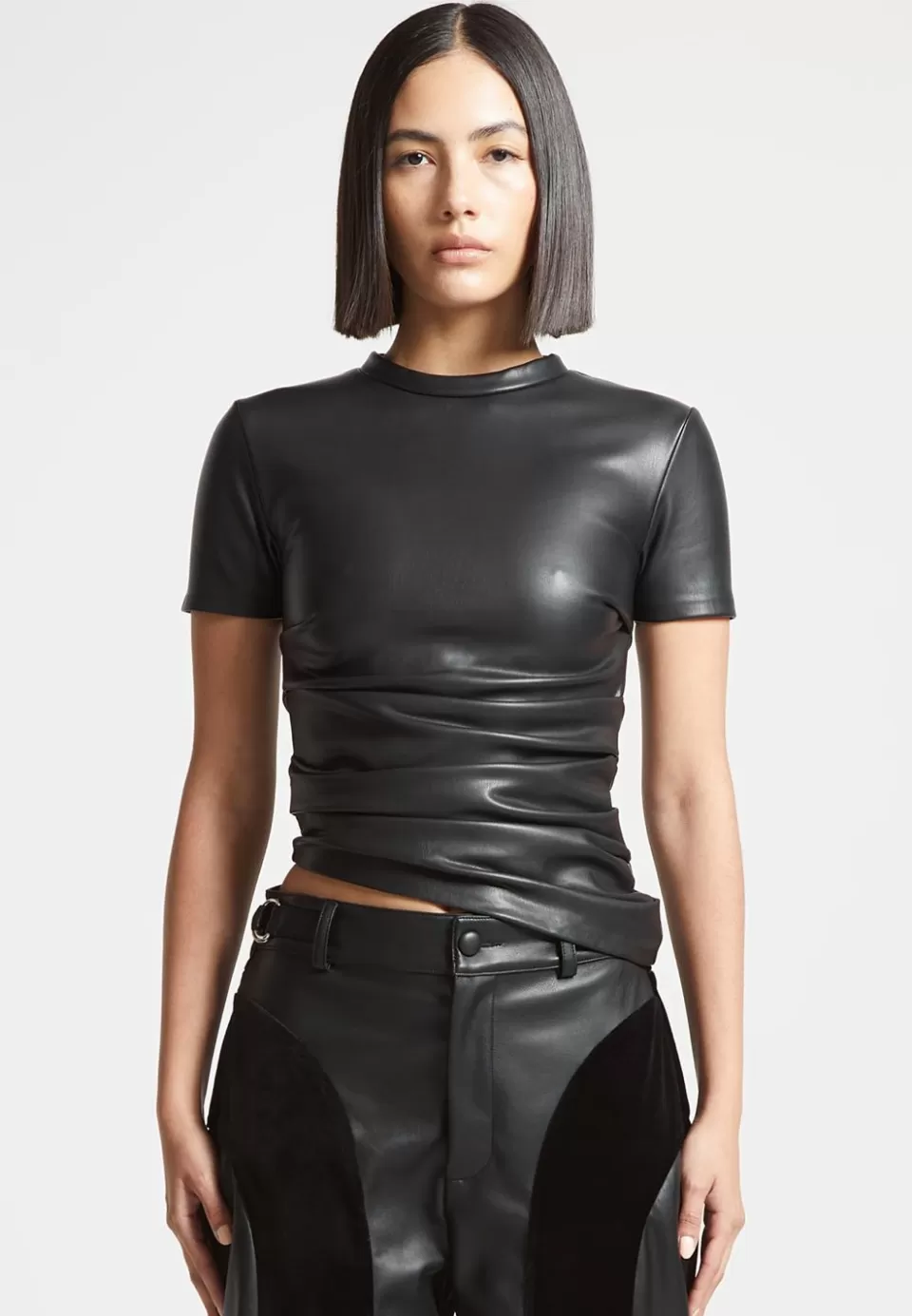 Manière De Voir Vegan Leather Ruched T-Shirt>Woman Tops & T Shirts
