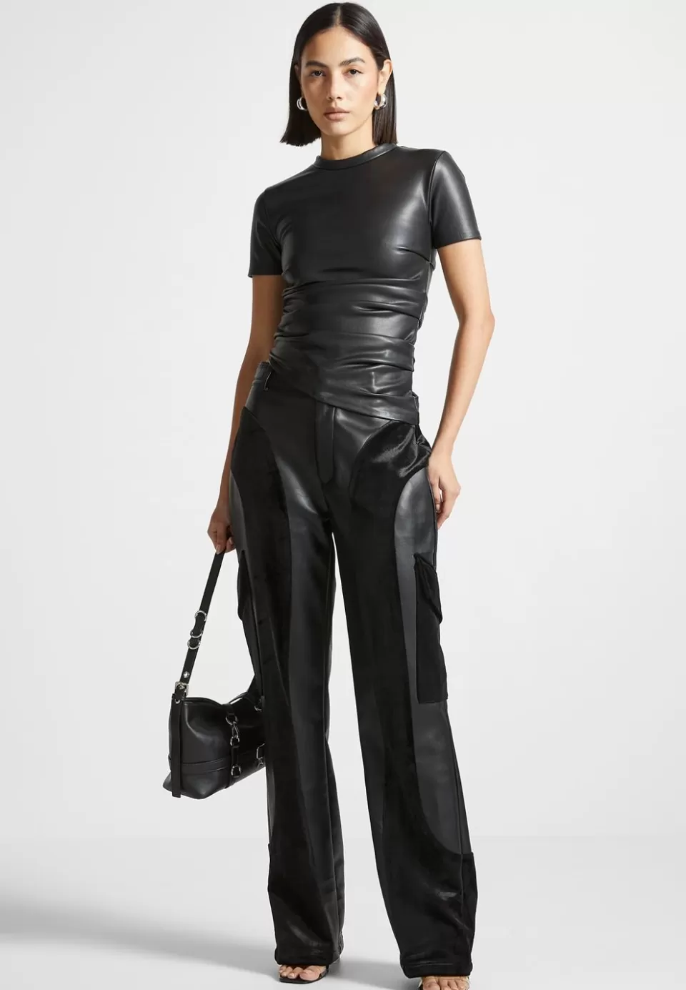 Manière De Voir Vegan Leather Ruched T-Shirt>Woman Tops & T Shirts